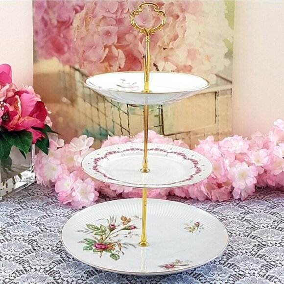 Handmade Pink Floral 3 Tier Cake Stand, Afternoon Tea Dessert Sandwich Tray Gift - Picture 5 of 10